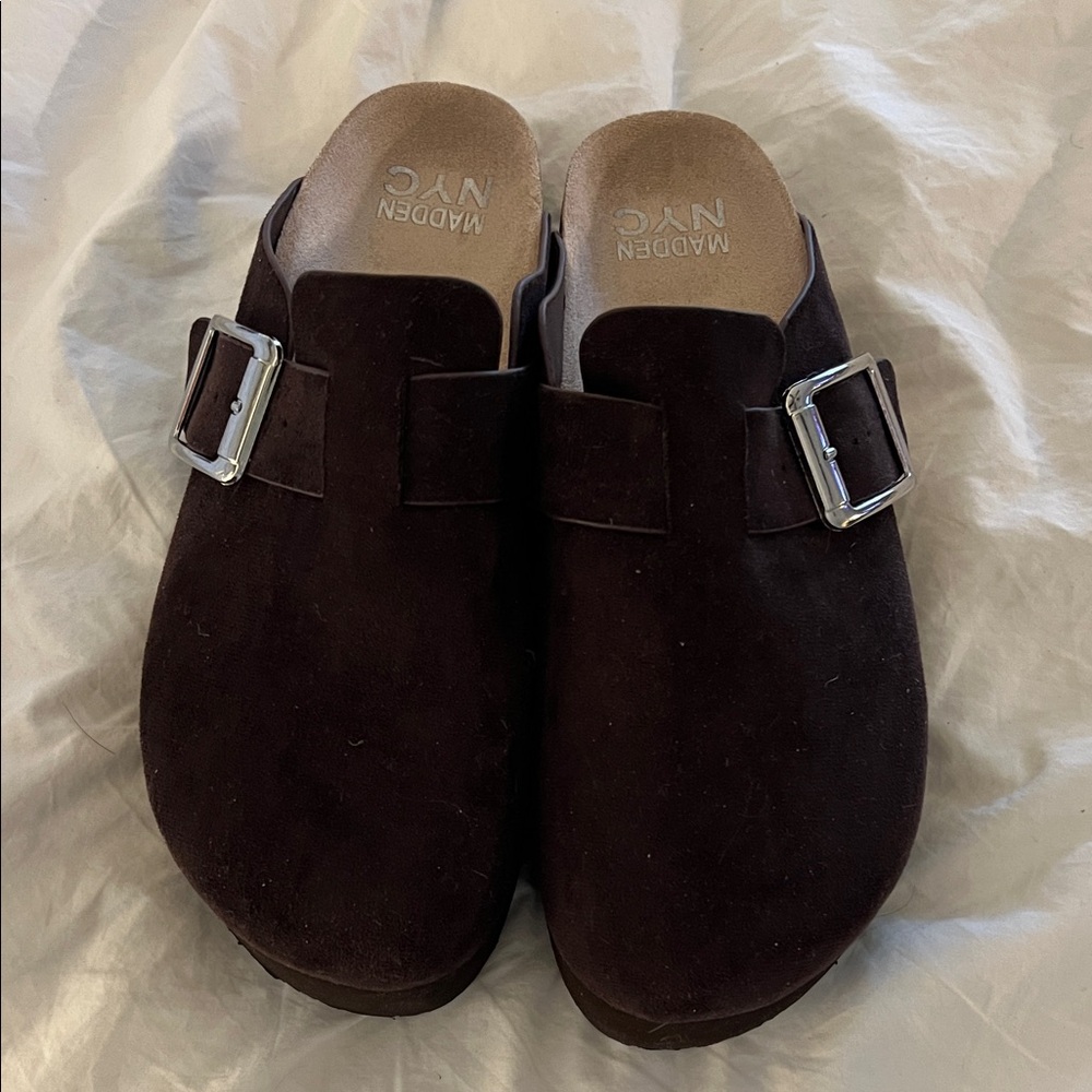 Madden NYC Dark Burgandy platform Mules with Silver Buckle